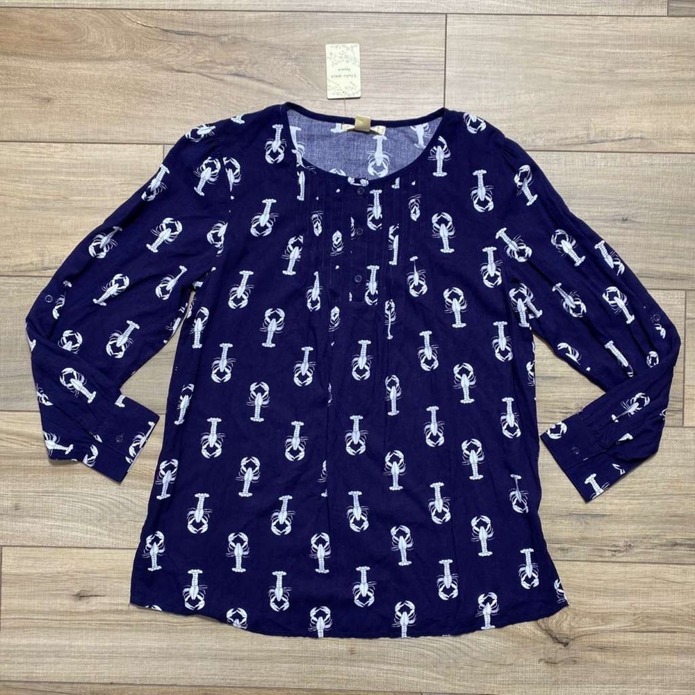 Studio West Navy Blue Lobster Print Peasant Blouse